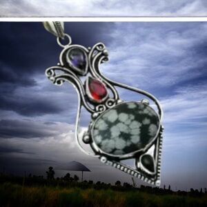 Snow Flake Obsidian, Amethyst, Garnet, and Black Onyx on this 925 Silver Pendant